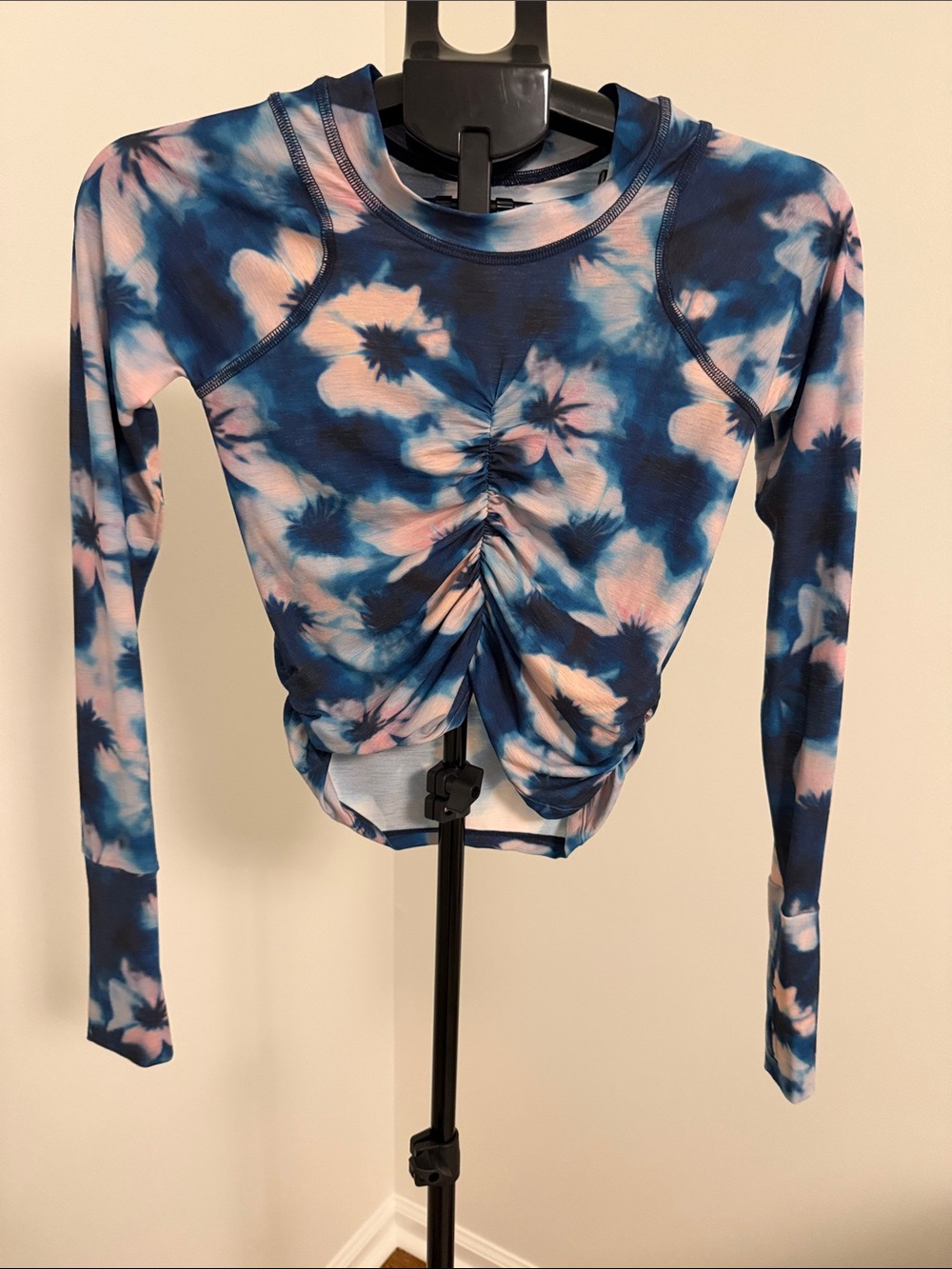 FP Movement by Free People Ruched Long Sleeve Crop Top - Blue & Pink Tie-Dye